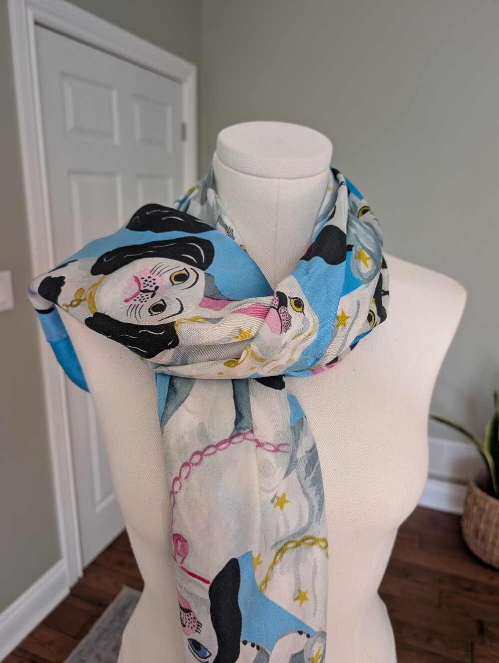 Echo Silk Scarf Staffordshire Spaniel Dog Print Turquoise Blue Luxury 48 x 49